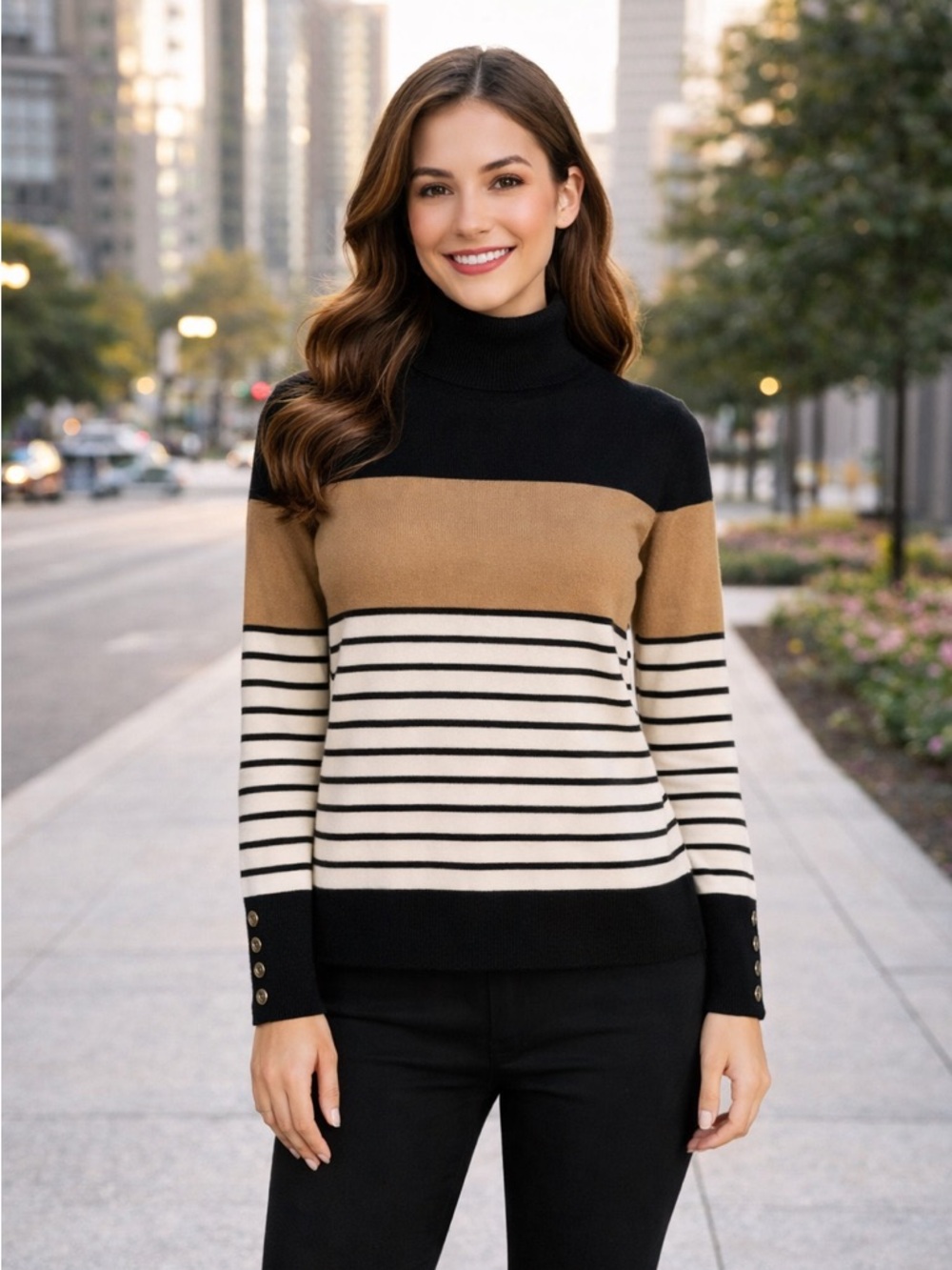 NEW Tommy Hilfiger Black Tan White Turtleneck Striped Sweater Gold Button Detail